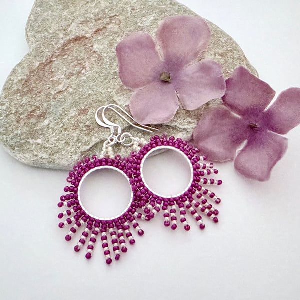 Handmade cerise pink and white beaded hoop fringe earrings