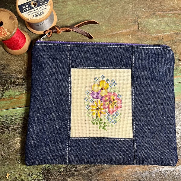 Soft denim and floral cross stitch zip pouch purse