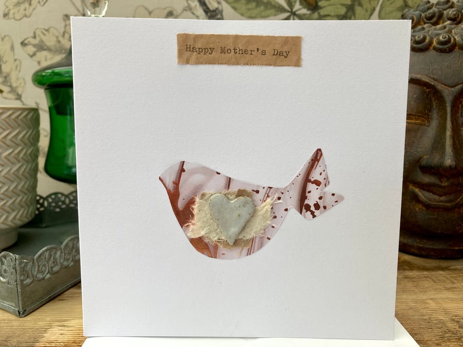 Mothers day card, hand made with attached ceramic Love heart on bird 