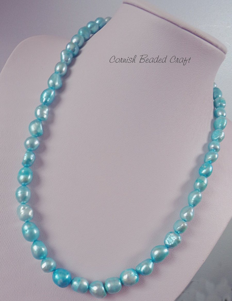 SALE - Sky Blue Freshwater Pearl &  Silver Necklace.-Handmade in CornwalL.
