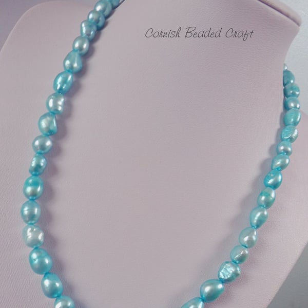 Sky Blue Freshwater Pearl &  Silver Necklace.-Handmade in Cornwall - FREE UK P&P
