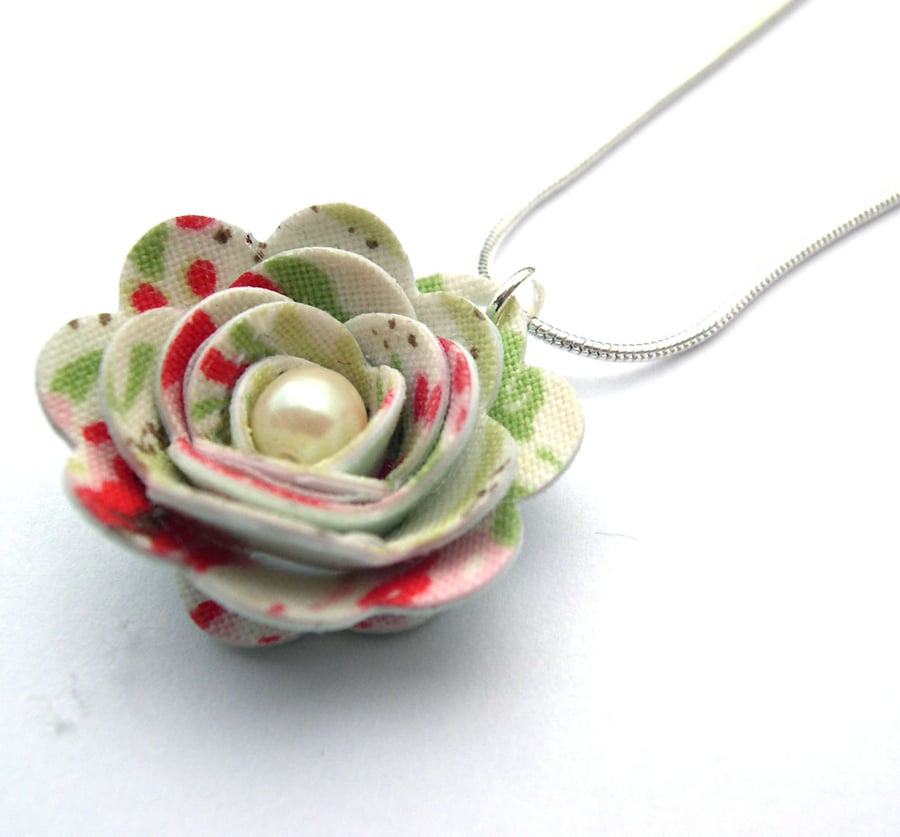 Hardened Fabric Floral Rose Necklace with Faux Pearl