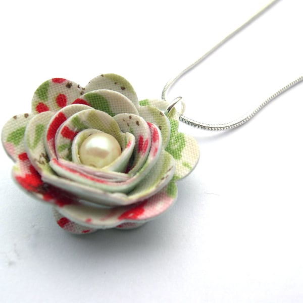 Hardened Fabric Floral Rose Necklace with Faux Pearl