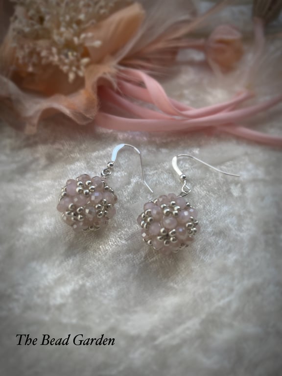 Pale pink beaded ball earrings with sterling silver earring hooks 