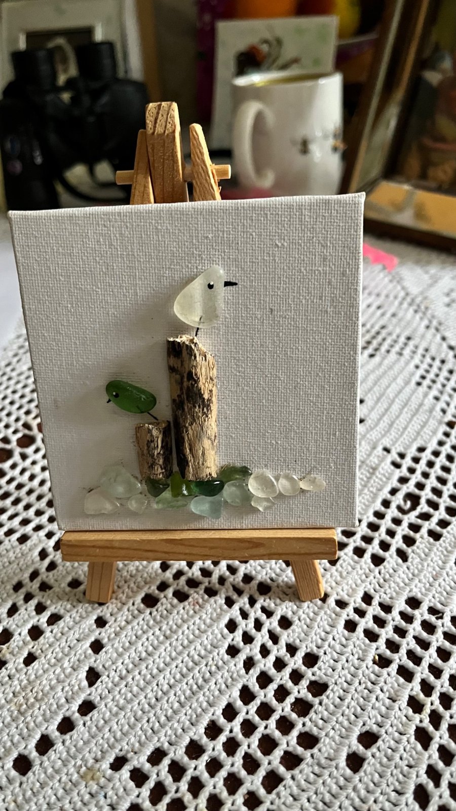 Seaglass seagull picture on an easel . Flock on the Dock 