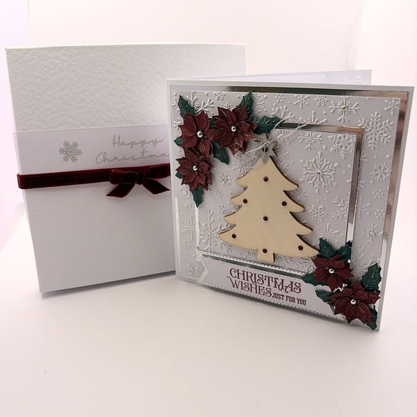 Luxury Handmade Christmas Card - Christmas Tree, Poinsettias, Boxed Keepsake