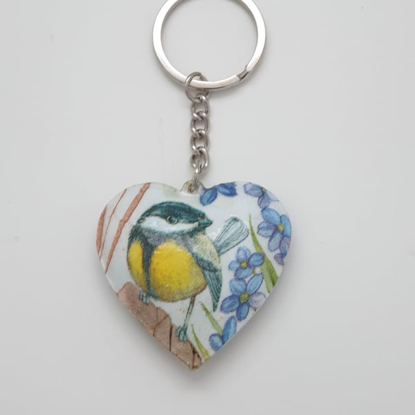 Bird keyring, great tit metal heart keyring, decoupaged bird lover gift 