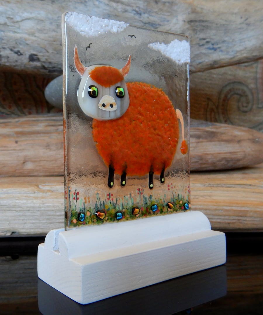 UNIQUE: Handmade Fused Glass 'Highland Cow' Picture.