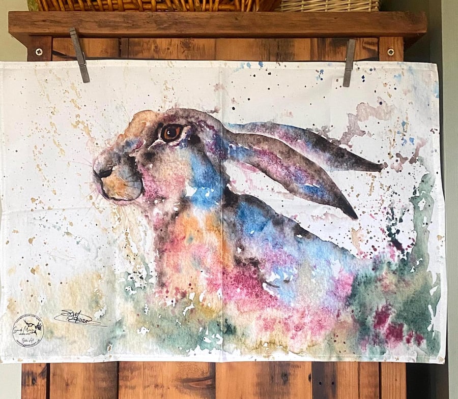 Bluebell Hare Tea Towel, Wildlife Art Tea Towel, 100% Cotton, Kitchen Dish Towel