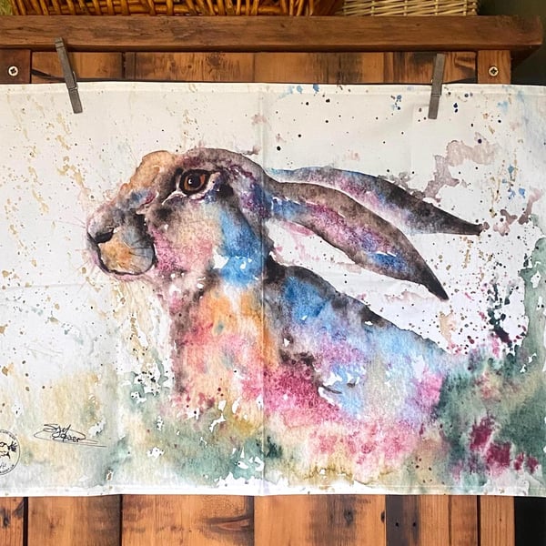 Bluebell Hare Tea Towel, Wildlife Art Tea Towel, 100% Cotton, Kitchen Dish Towel