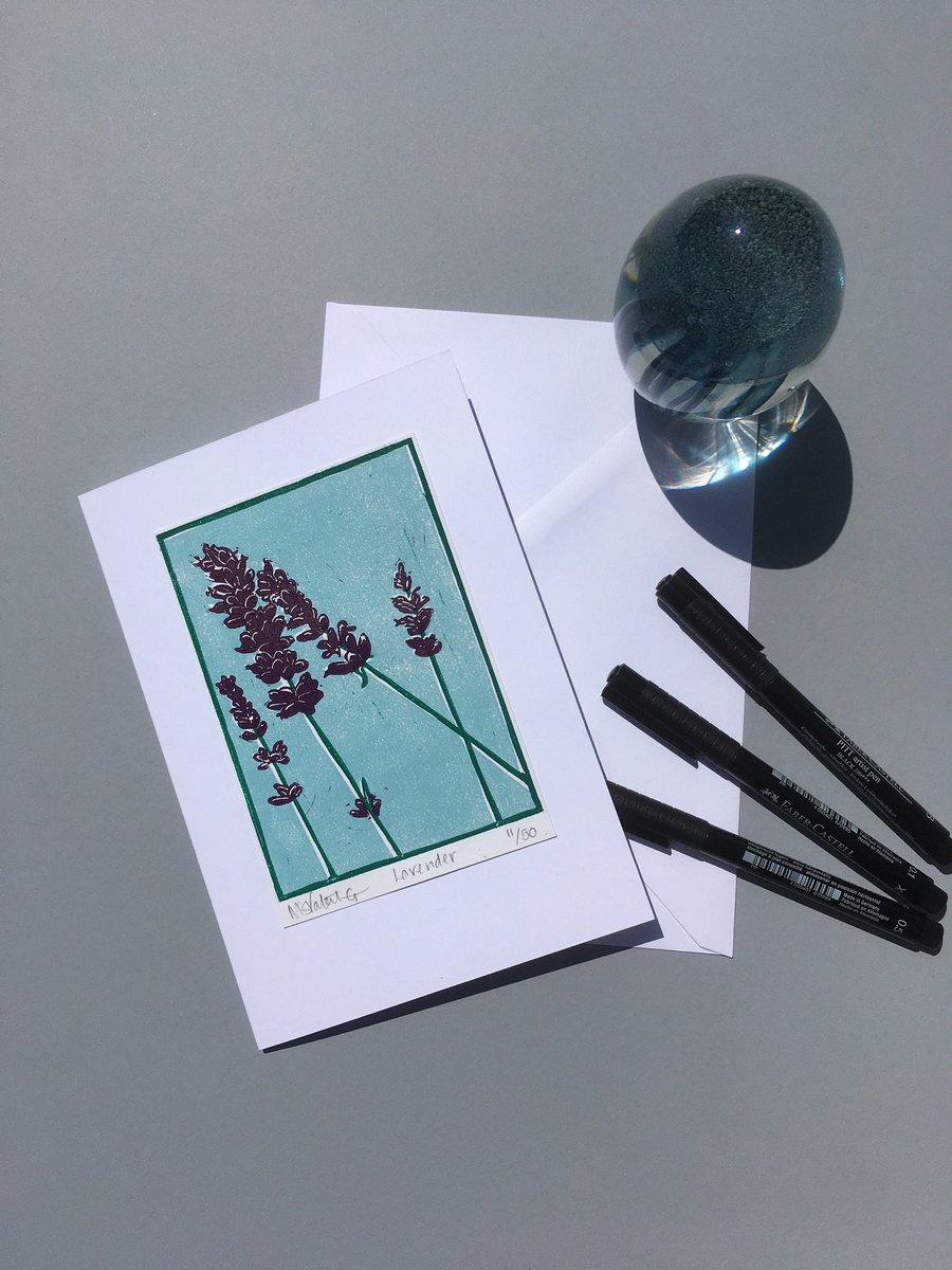Lavender Greetings Card - Limited addition Linocut