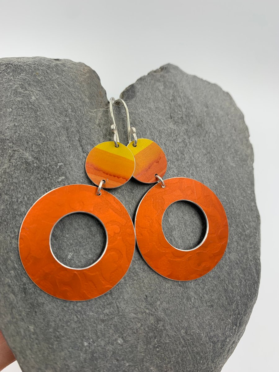 Orange and yellow hoop and circle statement aluminium earrings 