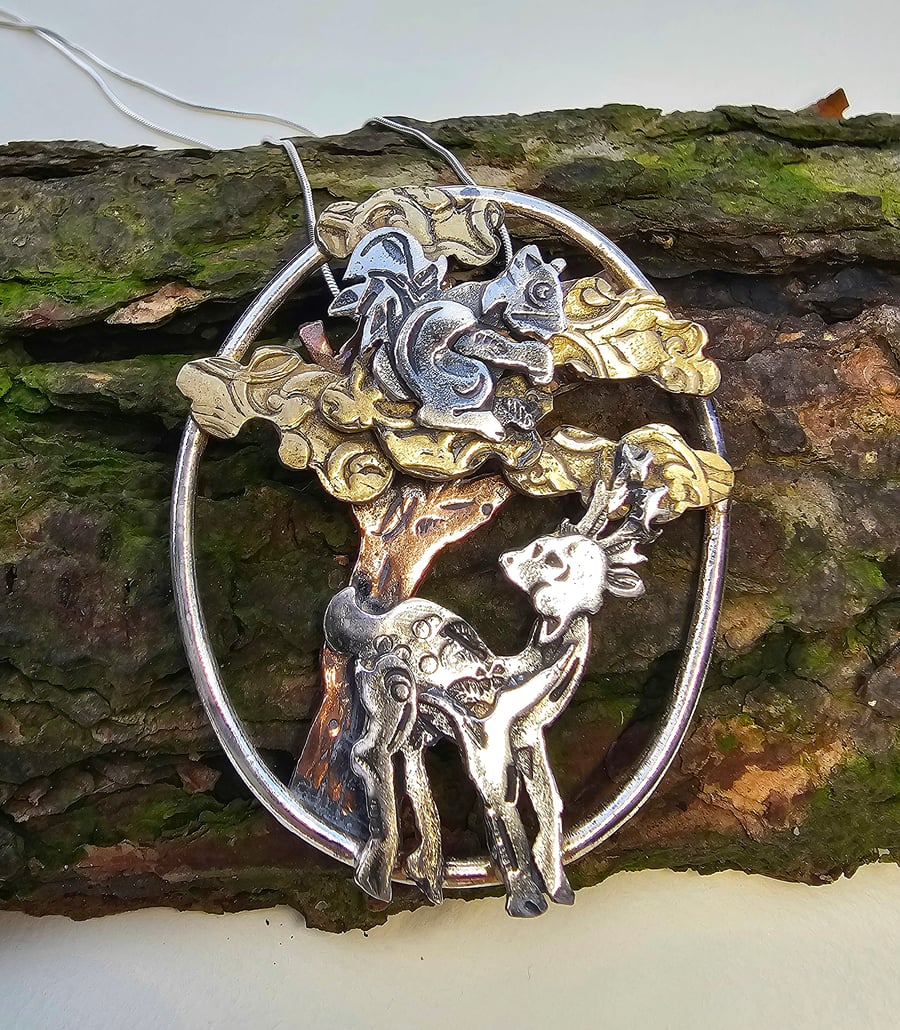 Into the Woods, Stag and Squirrel statement necklace. Hallmarked in Edinburgh.