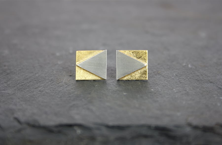 Geometric Triangle and Square Silver Stud Earrings with Gold Leaf