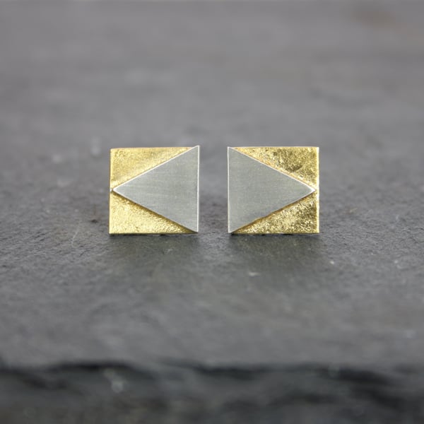 Geometric Triangle and Square Silver Stud Earrings with Gold Leaf