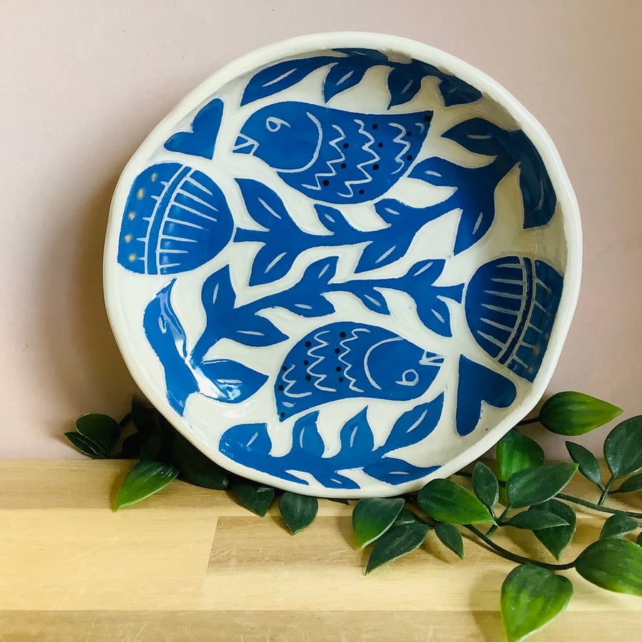 Handmade stoneware sgraffito blue and white bird dessert bowl