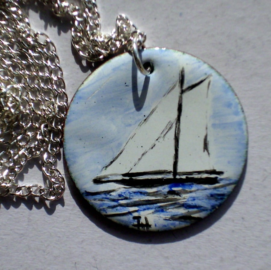 medium painted enamel pendant - sailing ship at sea
