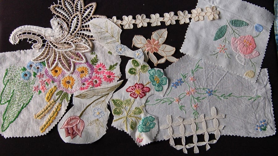 Vintage embroidery Upcycled slow stitching kit with threads, lace, ribbon