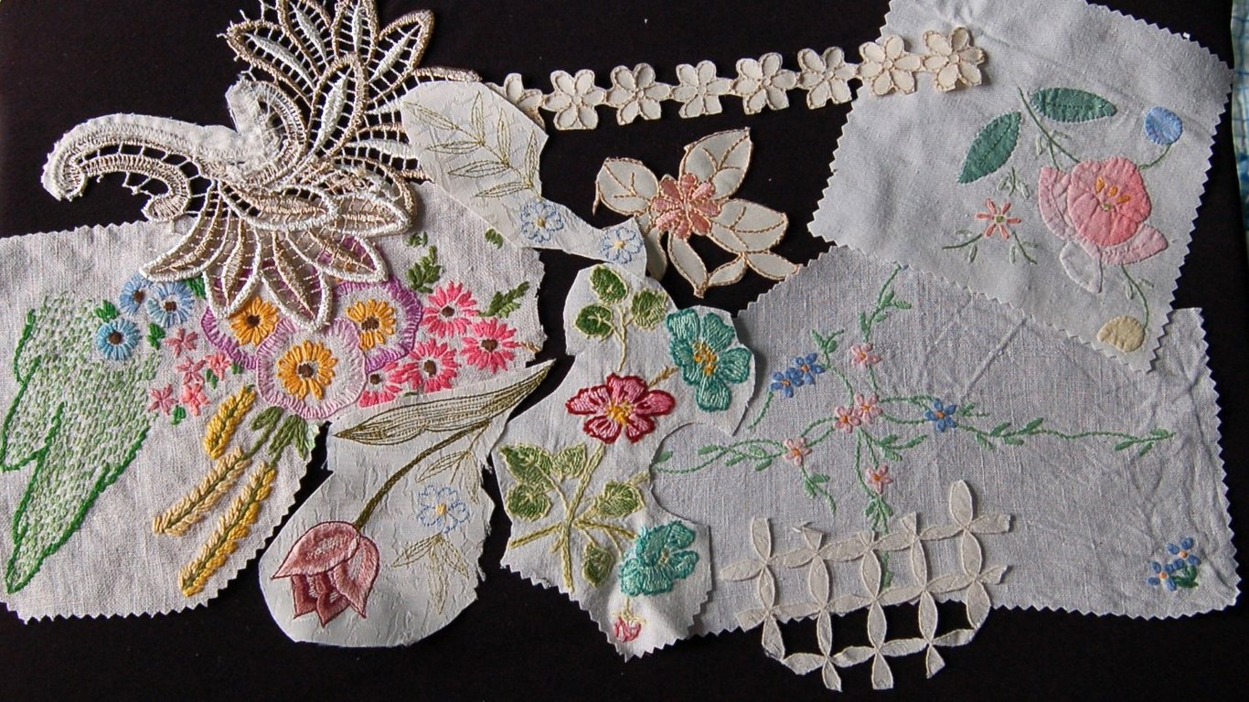 Vintage embroidery Upcycled slow stitching kit with threads, lace, ribbon