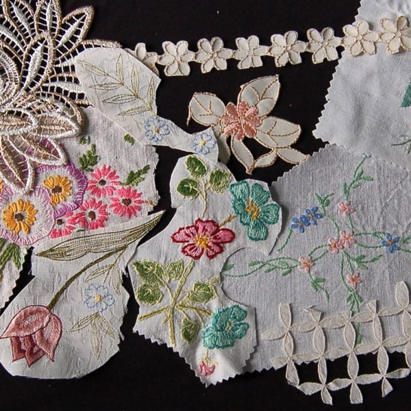 Vintage embroidery Upcycled slow stitching kit with threads, lace, ribbon