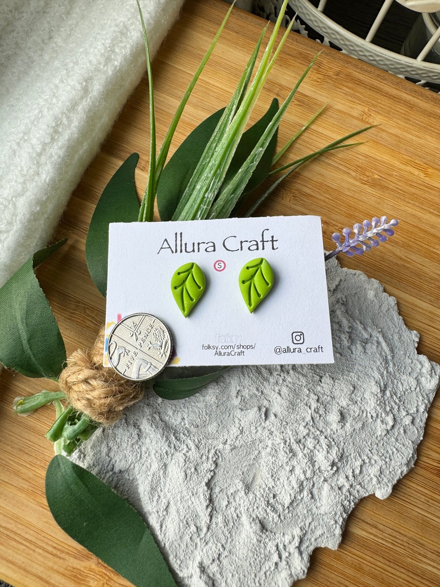 Lime Green Embossed Leaf Studs- small