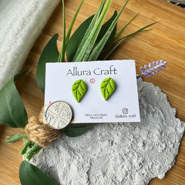 Lime Green Embossed Leaf Studs- small