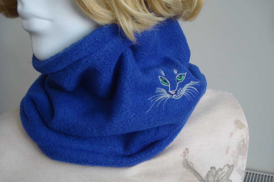 Royal Blue Fleece Neck Warmer Scarf With Embroidered Cat Face (R141C)