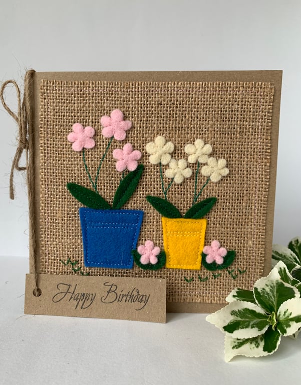 Handmade Birthday Card. Pots of flowers from wool felt. Keepsake card.