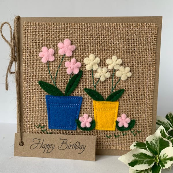 Handmade Birthday Card. Pots of flowers from wool felt. Keepsake card.