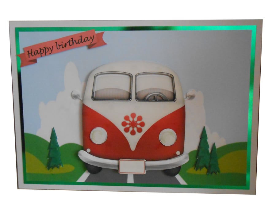Red VW Camper Van Birthday Card 3D