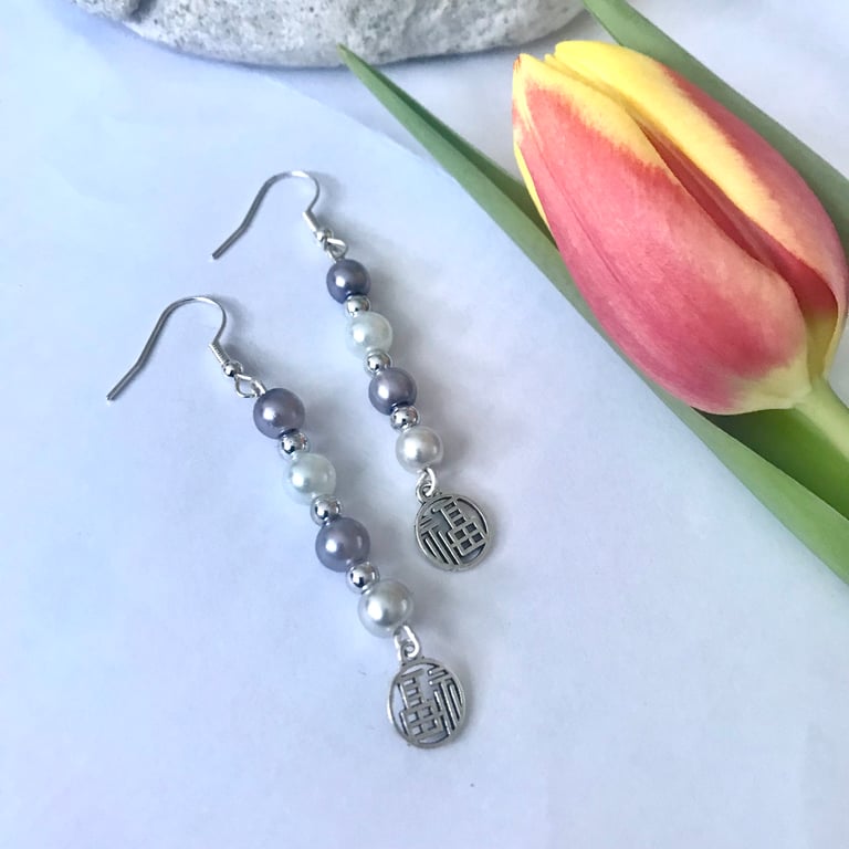 Silver, Lilac & White Glass Pearls & Japanese Charm - Boho Style, Freepost