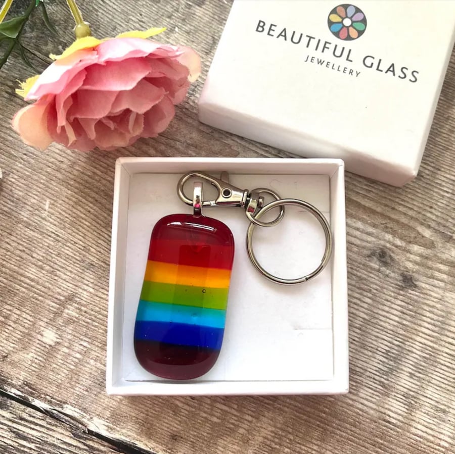 Fused glass rainbow keyring, gift for her