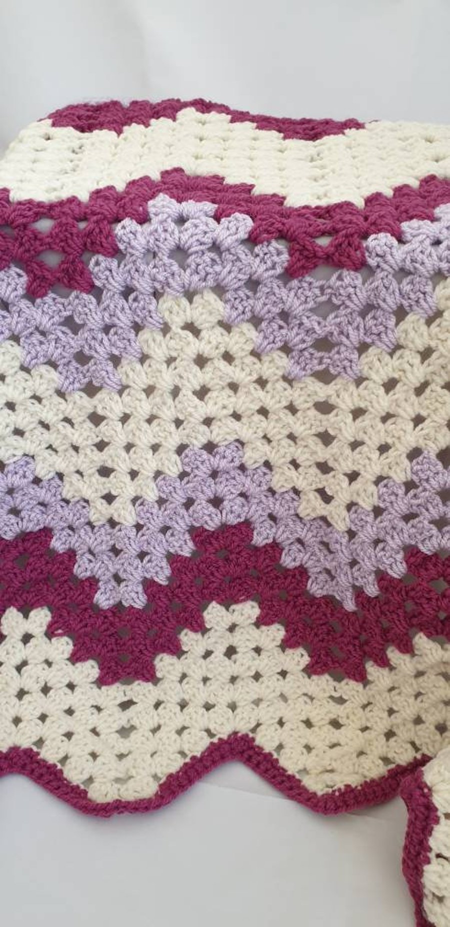 Handmade lilac, cream and raspberry granny stitch chevron ripple baby blanket