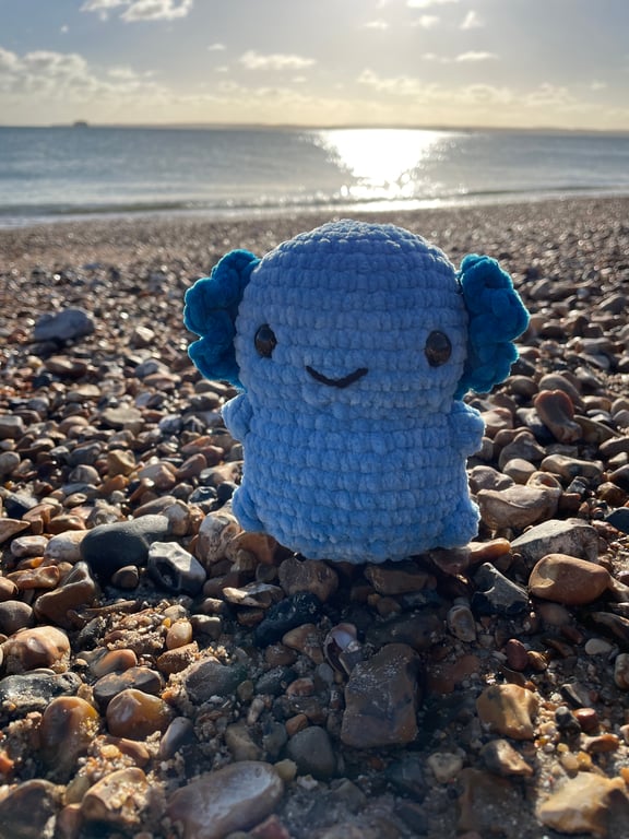 Handmade Crochet Blue Axolotl Plushie: Soft Chenille Yarn