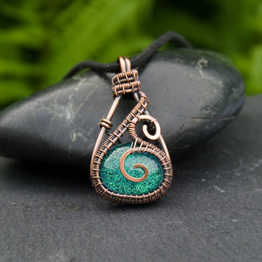 Copper Wire Wrapped Teardrop Pendant with Green Dichroic Glass