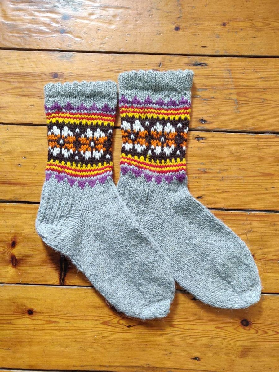 Handknit thick grey wool socks slippers nordic christmas scandinavian folklore