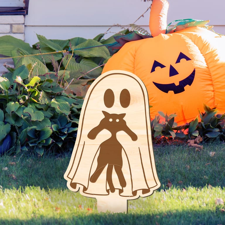 Ghost With Cat Garden Plaque: Outdoor Halloween Decoration