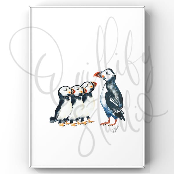 Watercolour Print Puffins Principal Plum's Fishing 101 Listen Up