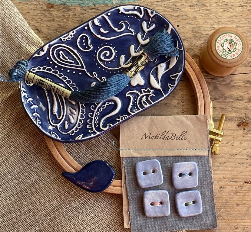 Gift Box Crafters Gift- Ceramic Tray- Needle Minder - Handmade Ceramic Buttons