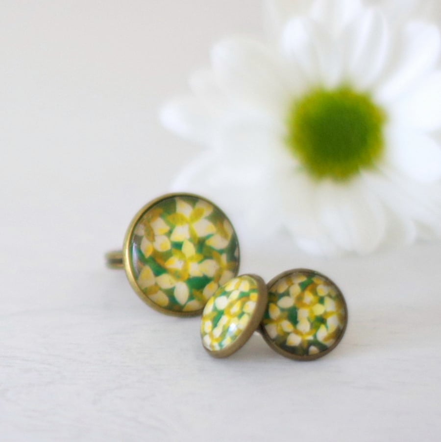 Green Floral Jewellery Set, Green Floral Adjustable Ring, Green Floral Studs