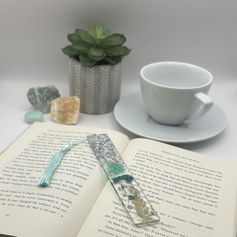 Perfectly Imperfect Resin Dried Flower Bookmark Page Marker Light Blue, Silver