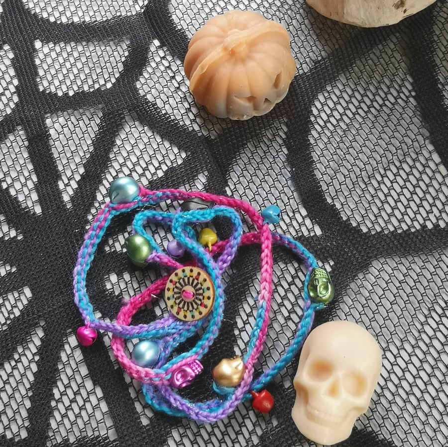 Multicoloured Skull Wrap Bracelet, crocheted.