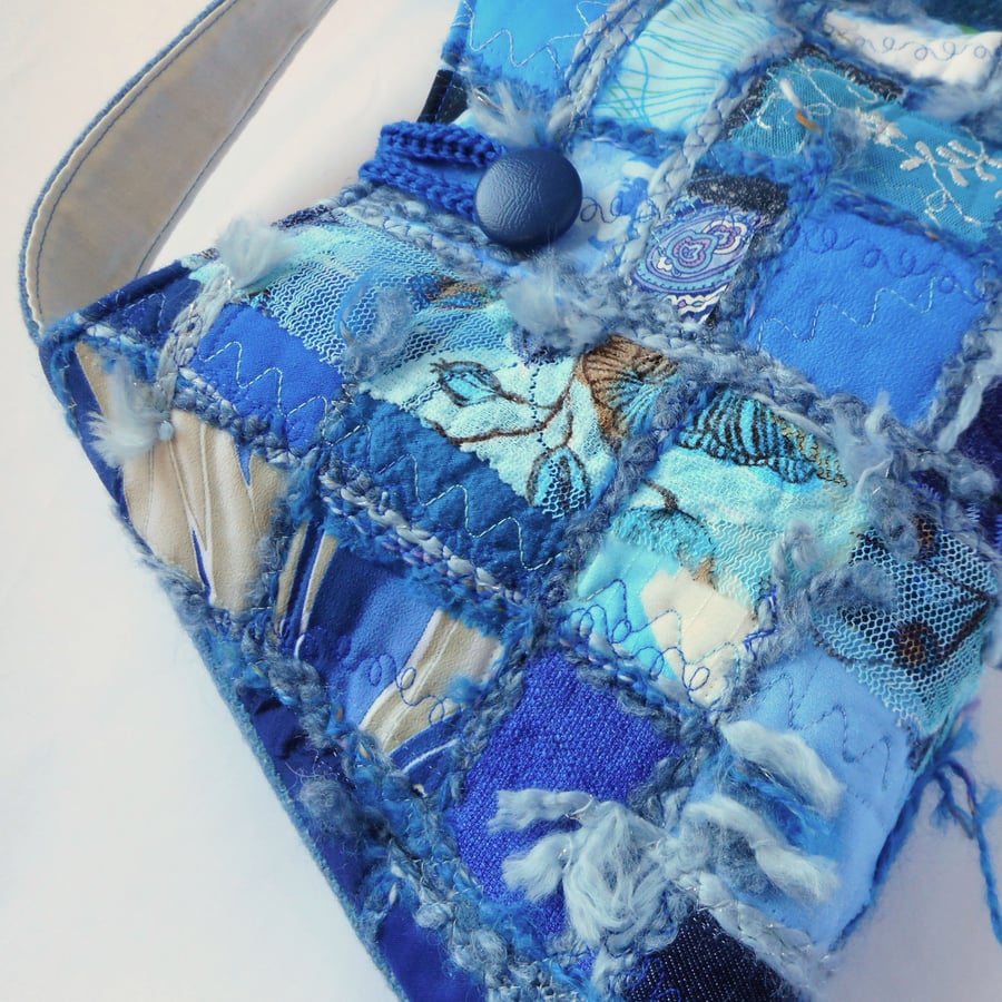 Sold. Cobalt - cross body bag with textile art front in blue