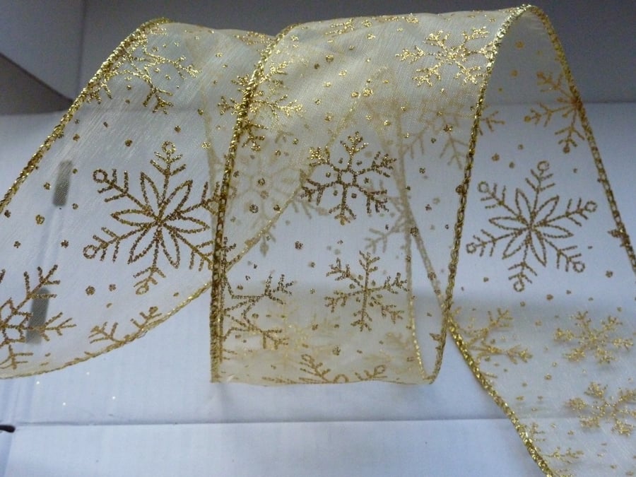 1 Metre Wire Edged Ribbon 63mm Sheer Glitter Gold Snowflakes