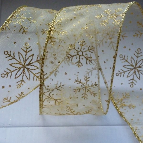 1 Metre Wire Edged Ribbon 63mm Sheer Glitter Gold Snowflakes