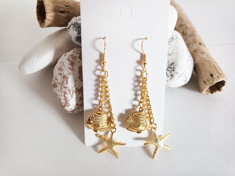 Gold Fish and Starfish Dangle Earrings