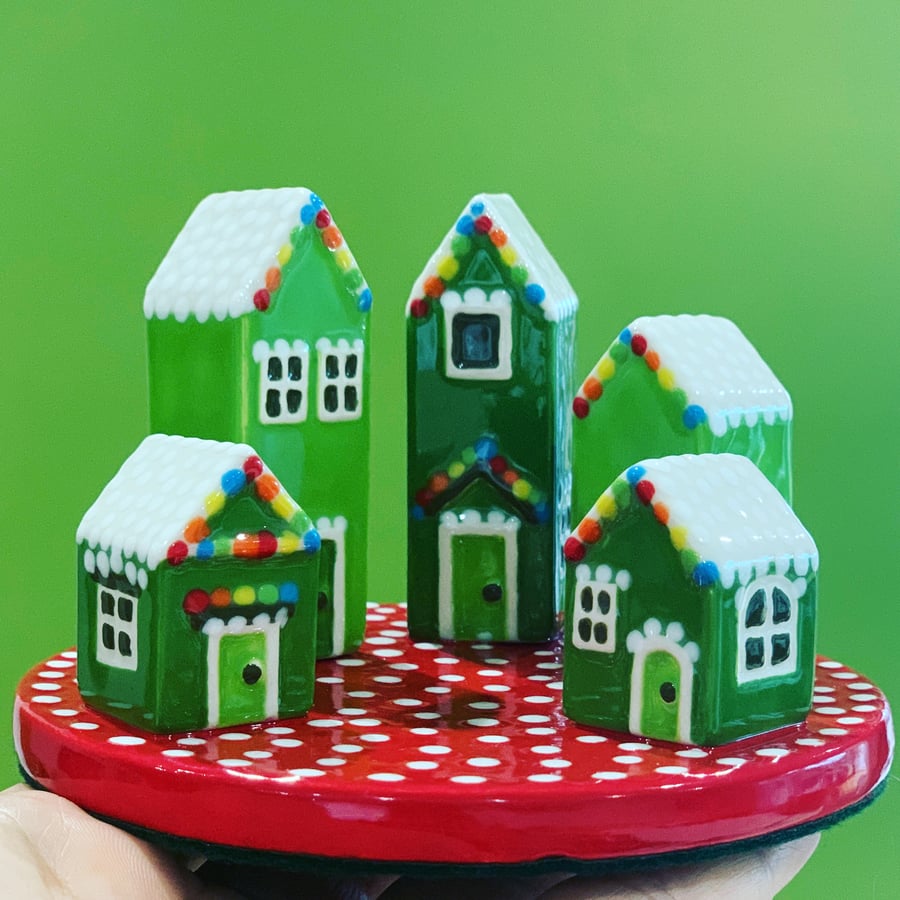 Handpainted Ceramic Winter Houses, Christmas Scene Ornament, Rainbow Houses