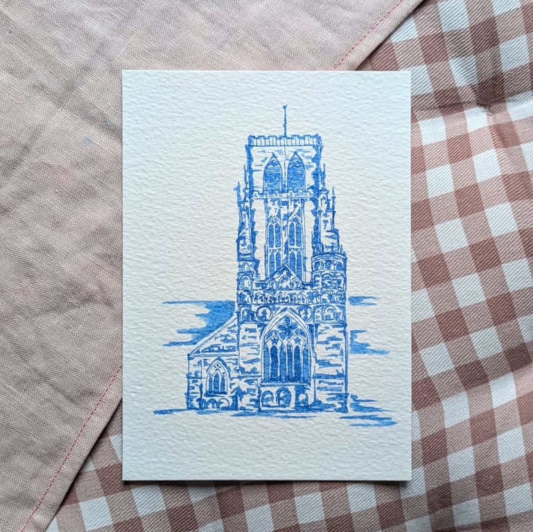 Orignal Durham Cathedral Blue Ink Painting A6