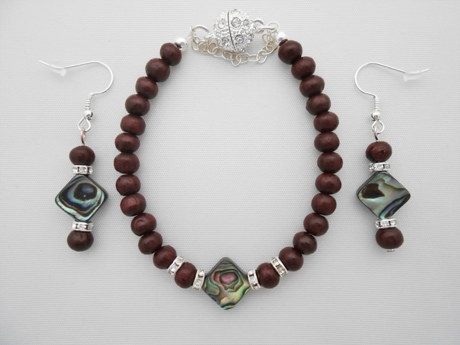 Abalone shell and wood bracelet and earrings.