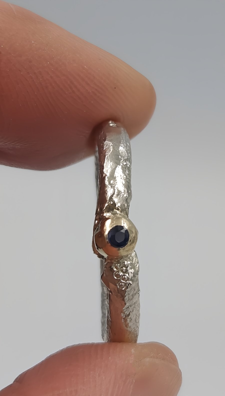 Hand Forged Molten Silver Ring – 9ct Gold, Blue Sapphire - Size M